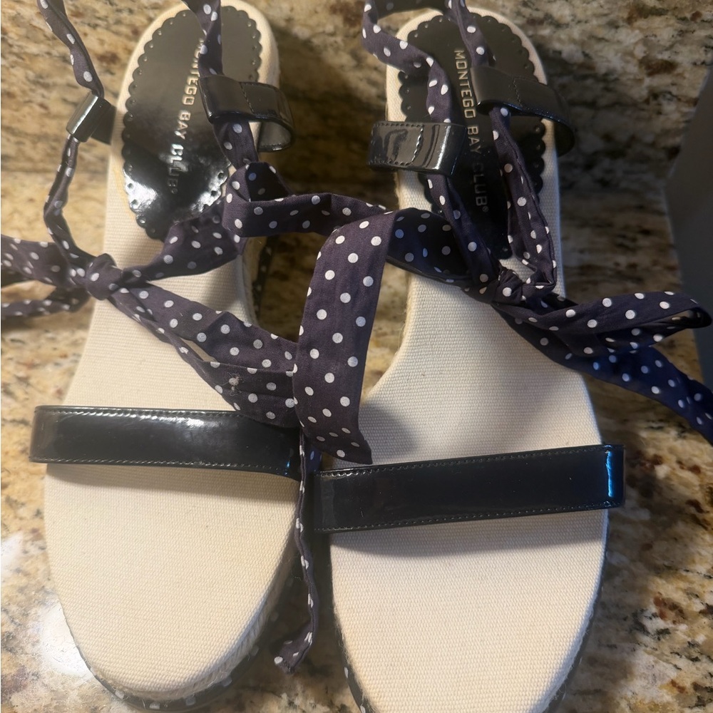Montego Bay Club Black and White Polka Dot with tie bow platform Sandals